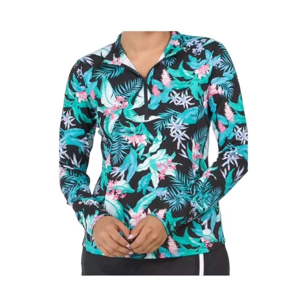 Tommy Bahama Long Sleeve 1/4 Zip Teal Black Tropical Active Top Size XS